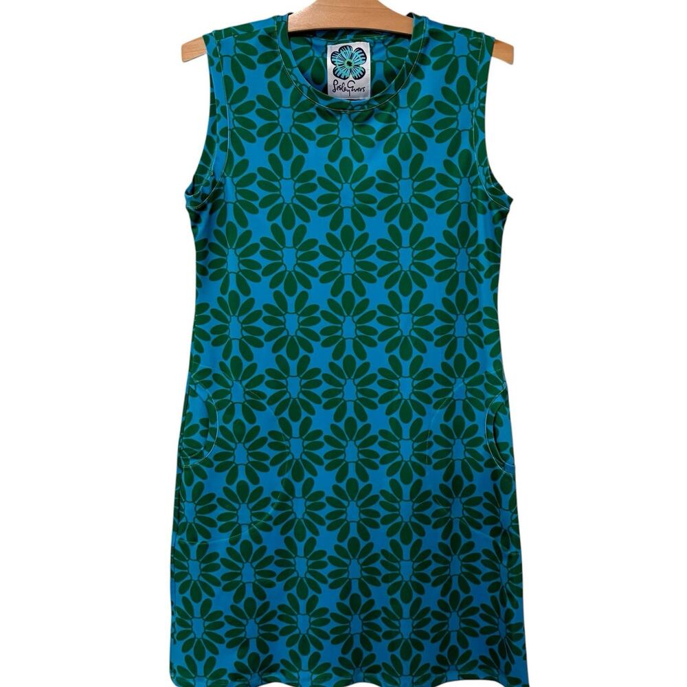 Lesley Evers | Dress Sleeveless Floral Green Blue Mod Retro- Size Medium